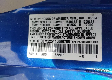 2004 Honda Civic Lx z USA, uszkodzony, nr VIN 1HGEM22544L066765